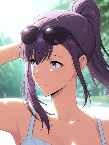 <lora:Jin Ah Illu:1>jin-ah, purple eyes, purple hair, ponytail, sidelocks,
sundress, floating hair, depth of field, blurry background, eyewear on head, sunglasses, one arm behind head,
portrait, looking to the side, closed smile, outdoors, sunlight,
<lora:StS-Illustrious-Detail-Slider-v1.0:4>, masterpiece, best quality, amazing quality