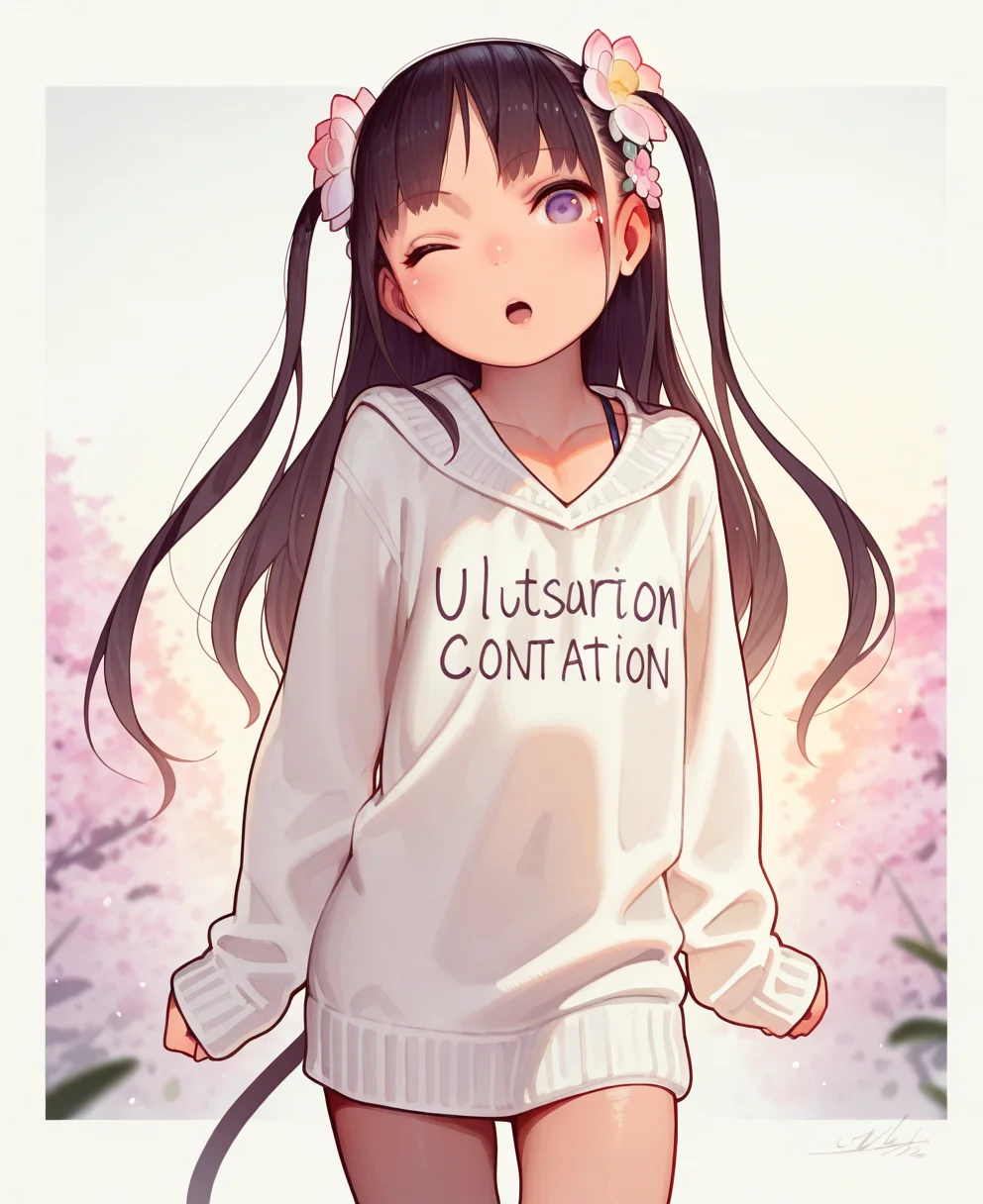 <lora:muk:1> muk,
(masterpiece), (best quality), (ultra-detailed), amazing quality, very aesthetic, illustration, perfect composition, intricate details, absurdres, incredibly absurdres, shiny skin, realistic,
muk, one eye closed, solo, 1girl, long hair, flower, hair ornament, mole under eye, mole, hair flower, looking at viewer, sweater, o, sleeves past wrists, two side up, tail, purple eyes, cowboy shot, open mouth, long sleeves, blush, collarbone, sensitive
