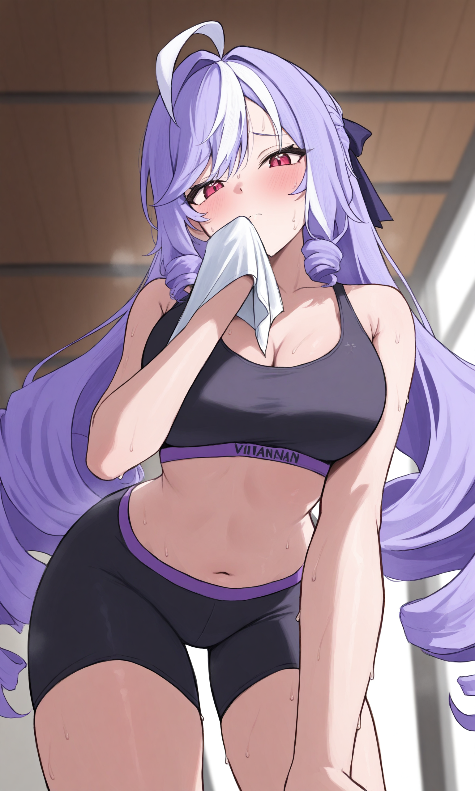 masterpiece, best quality, high resolution, absurdres, 1girl, vivianzen, red_eyes, purple_hair, streaked_hair, long_hair, twin_drills, ahoge, medium_breasts, black_sports_bra, bike_shorts, sweat, from_below, looking_at_viewer, wiping_sweat, navel, gym, indoors