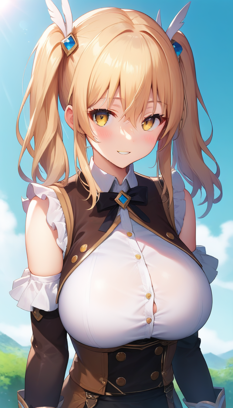 score_9,score_8_up,score_7_up,score_6_up BREAK official art,solo,outdoors,upper body,(portrait:1.5),looking at viewer,facing viewer,smile,blush,Atoha Fuka,long hair,twintails,hair ornament,hair between eyes,sidelocks,bangs,yellow eyes,capelet,brown vest,open vest,white shirt,frilled shirt,sleeveless shirt,buttons,black corset,huge breasts,skindentation,detached sleeves,black shorts,black thighhighs,loafers,<lora:Atoha Fuka-Pony:1.4>,