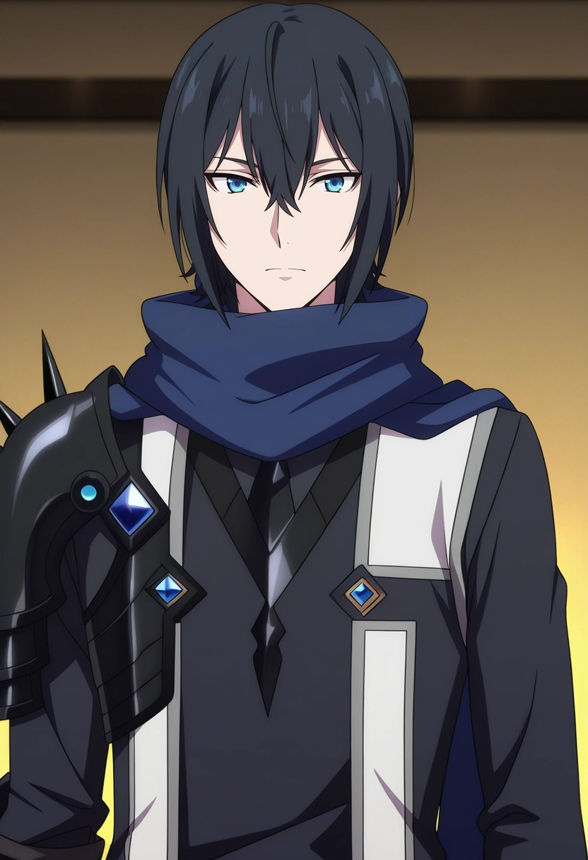 masterpiece, best quality, intricate details, anime screencap, , ,, 1boy, solo, male focus, <lora:ren_amaki_ilxl:1>, ren_amaki, black hair, blue eyes, hair between eyes, blue scarf, black shirt, armor, black gloves, ,