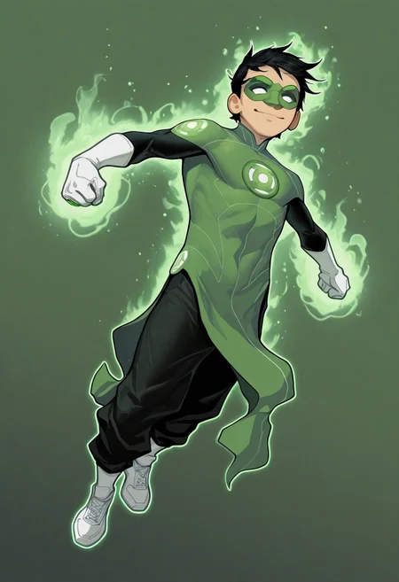 masterpiece, absurdres, high quality, perfect anatomy, 1boy, solo, cute boy, male focus, TaiPham, Black Hair, Green Lantern Ring, Green Lantern Costume, Green and Black Bodysuit, Green Domino Mask, White Eyes, White Gloves, Pelvic Curtain, Black Pants, White Shoes, Glowing Green Outline, Green Energy Aura, floating, levitating, big smile, cinematic, intricately detailed illustration, depth of field, masterpiece, best quality, amazing quality, very aesthetic, absurdres, newest, very awa, shadow, dynamic angle, casual cosplay, dynamic pose, simple background, green theme, beitemian style