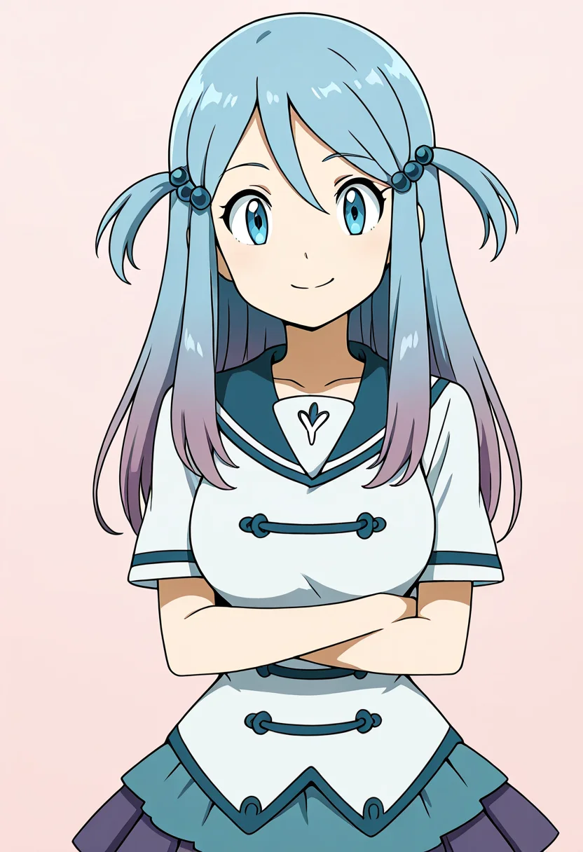 masterpiece, best quality, solo, curvy, beautiful eyes, large breasts, aged up, narrow waist, wide hips, 1girl, solo, smile, looking at viewer, zzLazuli, blue eyes, hair between eyes, blue hair, gradient hair, hair bobbles, hair ornament, long hair, multicolored hair, two side up, school uniform, serafuku, sailor collar, blue skirt, pleated skirt, short sleeves, ,<lora:LazuliByKurumiErika_IXL:1.0>, arms crossed, head tilted, cowboy shot, confident look, looking at viewer,