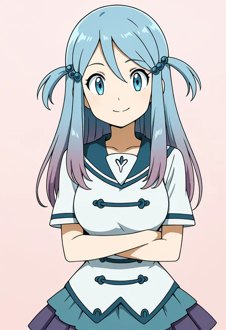 masterpiece, best quality, solo, curvy, beautiful eyes, large breasts, aged up, narrow waist, wide hips, 1girl, solo, smile, looking at viewer, zzLazuli, blue eyes, hair between eyes, blue hair, gradient hair, hair bobbles, hair ornament, long hair, multicolored hair, two side up, school uniform, serafuku, sailor collar, blue skirt, pleated skirt, short sleeves, ,<lora:LazuliByKurumiErika_IXL:1.0>, arms crossed, head tilted, cowboy shot, confident look, looking at viewer,