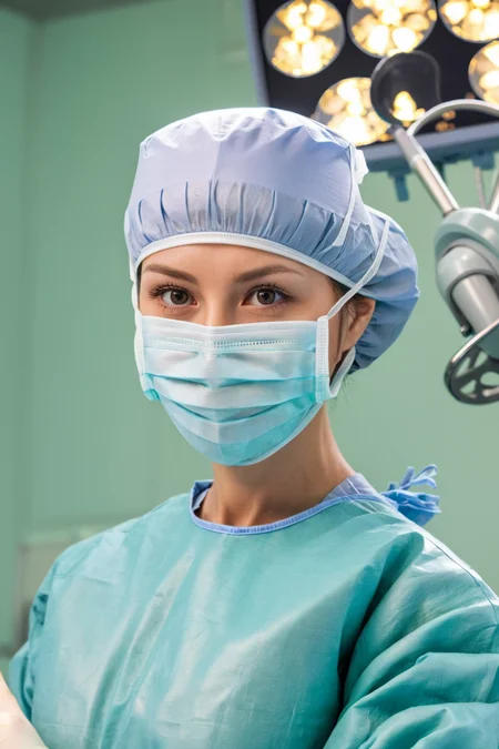 A female surgeon in surgical outfit, surgical mask, surgical cap and surgical gloves, Detailed picture, very high resolution, operating room, <lora:concept_surgeon_xl_v1:1>