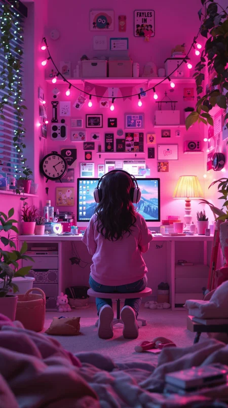 Cute lofi girl in front of his computer in her cozy and messy room, unreal engine 5 render, gorgeous lighting, pastel pink hues, 8k render, award-winning art