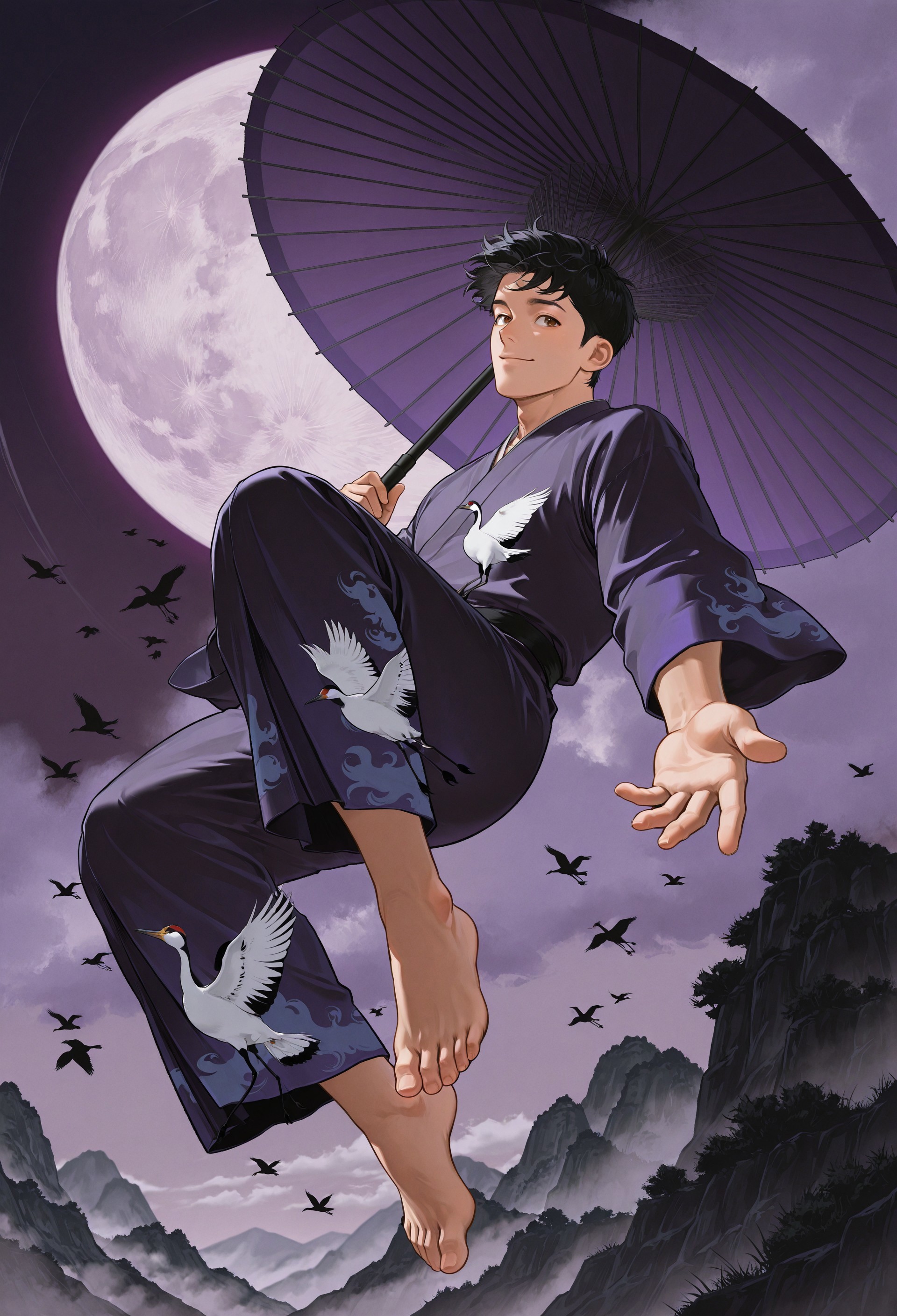 (flying in sky:1.3),relief,wide shot,fog, muted purple theme, (purple robe with blue koi print), BREAK, (flying red-crowned crane),looking to the side,holding umbrella,purple oil-paper umbrella,hand up,(dynamic pose),reaching towards viewer, (from below, windy),
1boy,black hair, brown eyes, perfect face, male focus,solo,(floating:1.3),(full body:1.3),happy,barefoot,knee up, (perfect hand),
very awa,masterpiece,best quality,absurdres,newest,perfect quality,detailed background,intricate details,
detailed,hu99y, pinus, bird view, film grain, dramatic light, rim light, mountains, dark night, silhouette, moon
