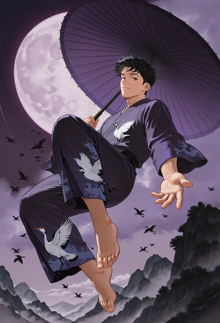 (flying in sky:1.3),relief,wide shot,fog, muted purple theme, (purple robe with blue koi print), BREAK, (flying red-crowned crane),looking to the side,holding umbrella,purple oil-paper umbrella,hand up,(dynamic pose),reaching towards viewer, (from below, windy),
1boy,black hair, brown eyes, perfect face, male focus,solo,(floating:1.3),(full body:1.3),happy,barefoot,knee up, (perfect hand),
very awa,masterpiece,best quality,absurdres,newest,perfect quality,detailed background,intricate details,
detailed,hu99y, pinus, bird view, film grain, dramatic light, rim light, mountains, dark night, silhouette, moon