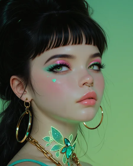 embedding:Stable_Yogis_PDXL_Positives2, facelistic, realism, pink lips, plump lips, narrow lips, neon green trim, green heart shape iris, green eyes, blue neck tattoo, gold hoop nose piercing, neon green tear like jewels, neon green eyeliner, soft pink Eyelid contour makeup, 1girl, black hair, chain, closed mouth, earrings, eyelashes, green background, jewelry, looking at viewer, necklace, portrait, solo
