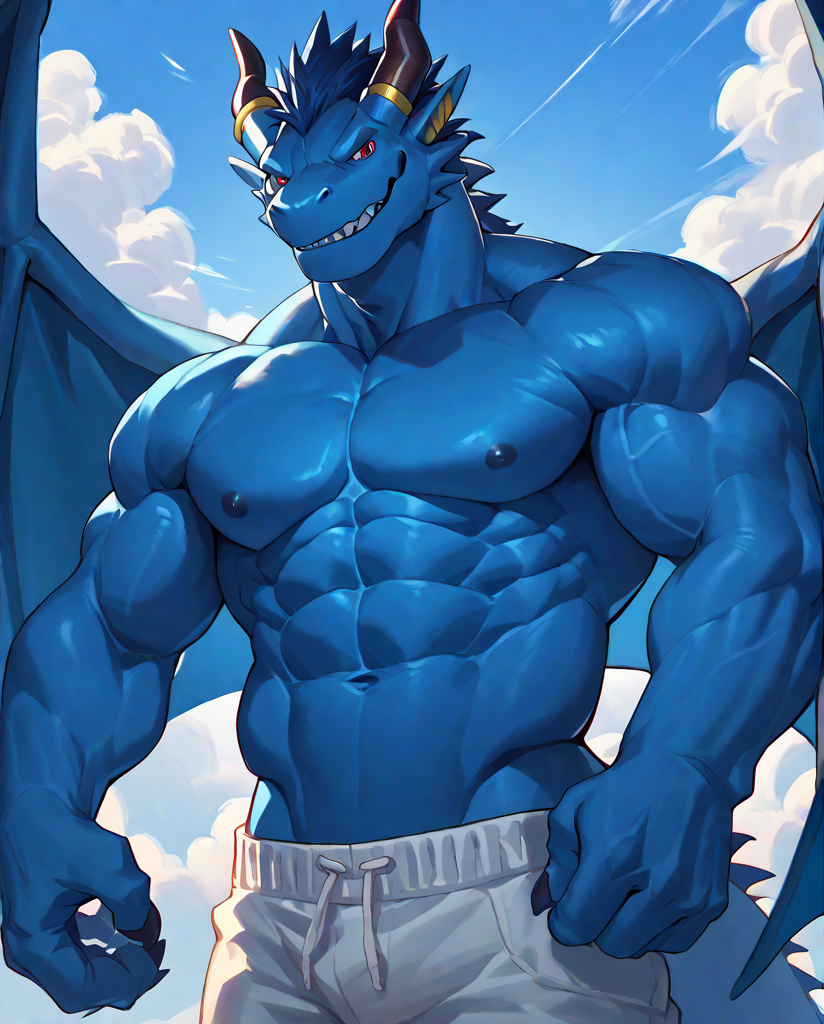 source_furry,score_9,score_8 up,score_7 up,score_6 up,male,anthro,furry,1boy,solo,blue_dragon,dragon,wings,horns,blue body,red eyes,muscles,muscular,bodybuilder,abs,pectorals,biceps,<lora:Blue_Dragon:0.9>,