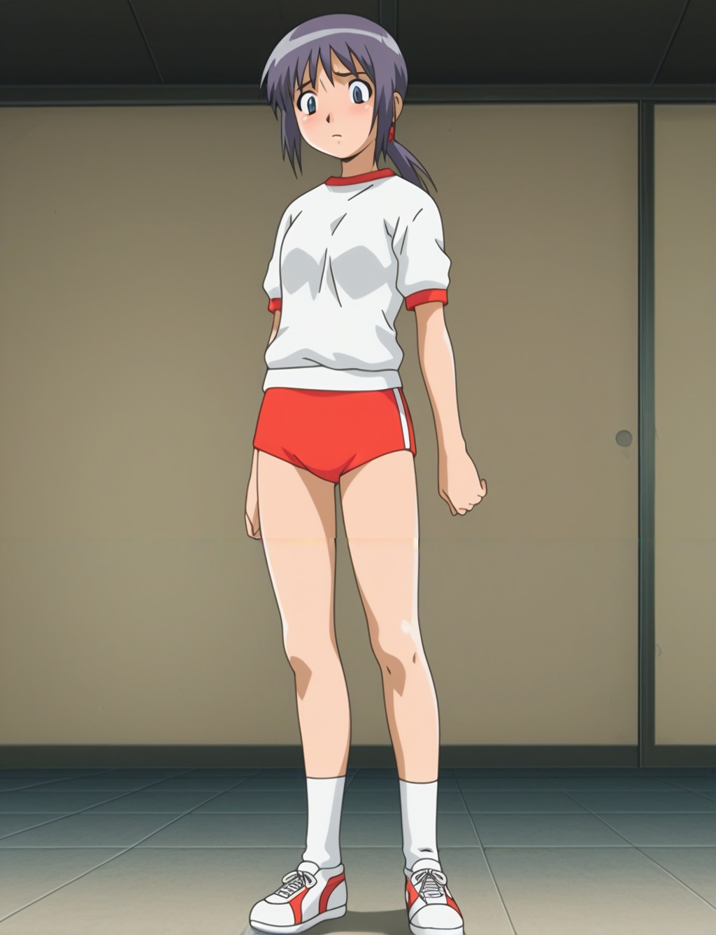 masterpiece,best quality,amazing quality,Suzu,<lora:Suzu(Illustrious) from The Invisible Stud_epoch_6:1>,anime screencap,original,anime coloring,dark hair,2000s style,full shot,gym_uniform,hot_pants,sneakers,