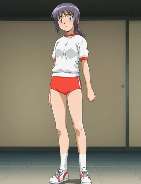 masterpiece,best quality,amazing quality,Suzu,<lora:Suzu(Illustrious) from The Invisible Stud_epoch_6:1>,anime screencap,original,anime coloring,dark hair,2000s style,full shot,gym_uniform,hot_pants,sneakers,