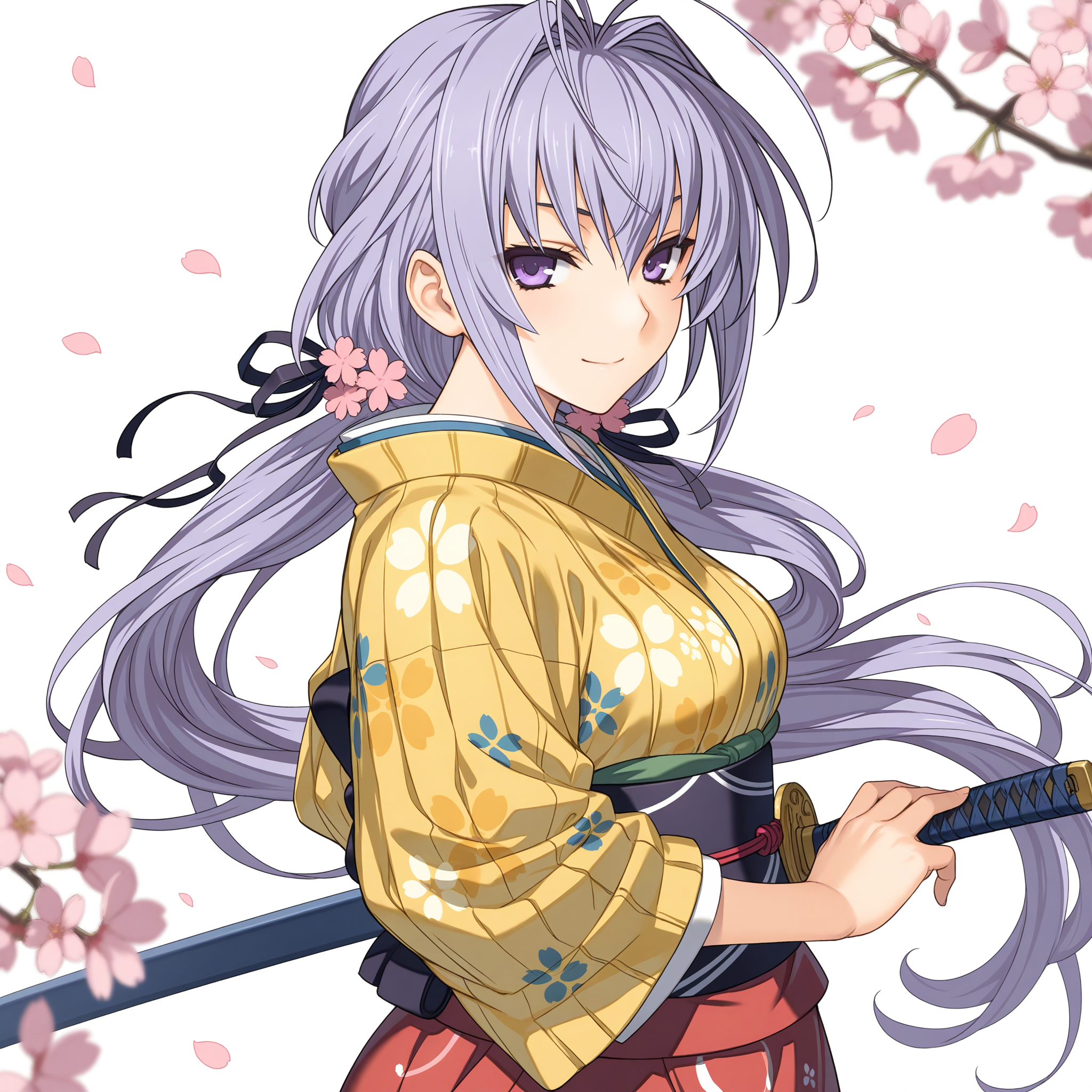 <lora:Tokugawa_Sen_1_nai-000044:1>,Tokugawa Sen,hair ribbon,black ribbon,hair flower,
japanese clothes,yellow kimono,print kimono,red dress,black obi,
BREAK
1girl,solo,smile,holding sword,looking at viewer,simple background,ready to draw,incoming attack,battoujutsu stance,cherry blossoms,falling petals,depth of field,lens_flare,