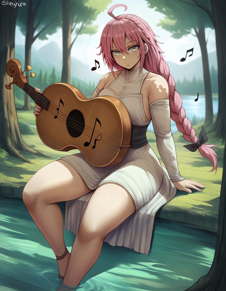 score_9,score_8_up,score_7_up, BREAK  ,   (by pmks pzeb),  silver eyes, , pink hair, long hair, ahoge, braid, solo, playing instrument, sitting , one outstretched leg, musical note, in a forest , trees , lake ,white dress , looking at viewer,