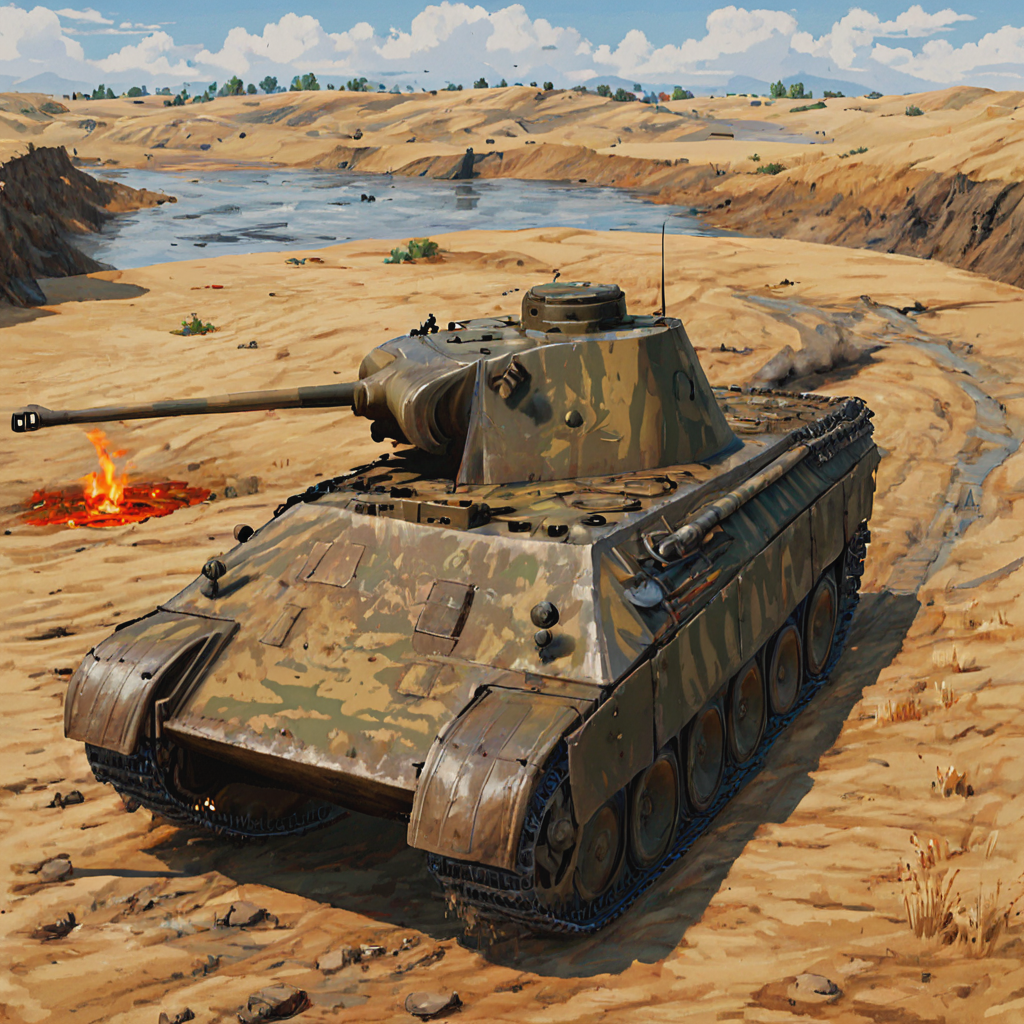 During the retreat across a hilly country, a pnthrtnk tank fords a muddy river under fire, reflecting the harsh conditions of the Eastern Front's vast terrain. The struggle of the tank and its crew against both the environment and the enemy underscores the grueling nature of the conflict in the East  ((pulp_comic, heavy_lines, hand_drawn, hand_inked, hand_colored, perfect_face, apxlz))