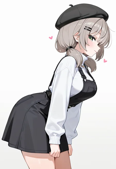 masterpiece, best quality, amazing quality, 1girl, [wagashi \(dagashiya\), mx2j], hotate-chan, (yd \(orange maru\):0.7), (sincos:0.6), brown hair, grey hair, medium hair, low twintails, black hairclip, hair tie, bangs, green eyes, black beret, heart necklace, white sweater, turtleneck sweater, long sleeves, black skirt, overall skirt, black belt, belt buckle, simple background, white background, from side, cowboy shot, standing, arms at sides, medium breasts, facing down, bent over, looking at viewer, light smile, profile
