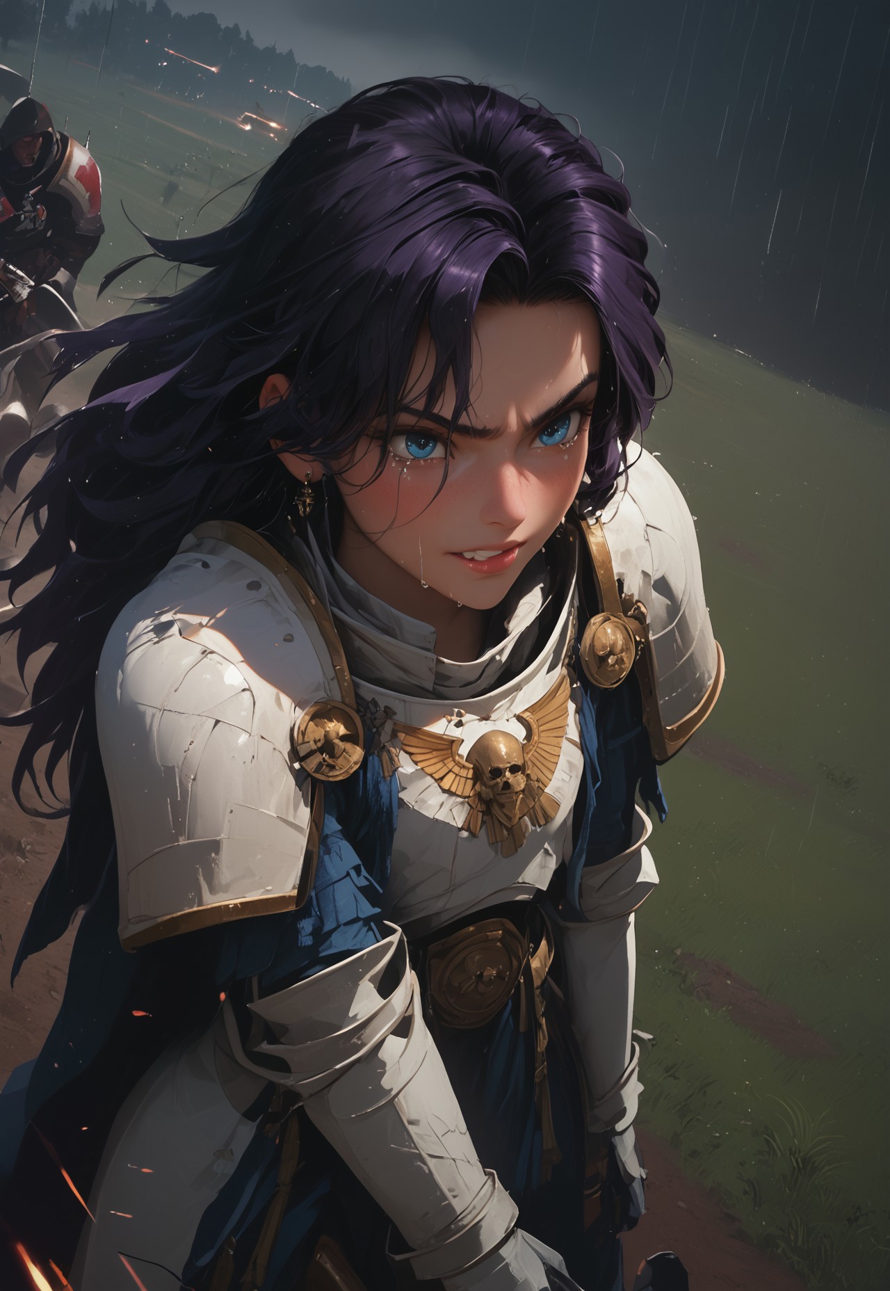 1girl, solo, 24 year old woman, large build, kneeling:1.4, beautiful, long hair, dark purple hair, freckles:1.4, face uplifted:1.6, looking up, looking at the sky, earrings, fierce grin:1.5, crying:1.5, teeth clenched:1.4, angry smile:1.5, wide hips, knight armor:1.5, heavy armor, gauntlets, greaves, bright blue eyes, arms at her sides, rain falling on her face:1.5, tan skin, on knees, tears on chin, tears on cheeks,

dusk, after battle, muddy field, some grass, fallen soldiers around her:1.4, storming, dark gray sky, dark sky:1.4, streaming banners, battlefield, intense rain:1.3, dreary, raining, overcast, mountains and hills in the background,

score_9, score_8_up, score_8, masterpiece, best quality, official art, extremely detailed, CG unity 8k wallpaper, absurdres, high definition, photorealism:1.5, detailed shading, high contrast, ambient occlusion, vivid colors:1.5, saturated colors:1.6, 

downward angle:1.3, cowboy shot, cinematic, from above:1.3,

expressiveh, whites40k, tears, 