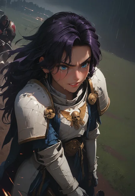 1girl, solo, 24 year old woman, large build, kneeling:1.4, beautiful, long hair, dark purple hair, freckles:1.4, face uplifted:1.6, looking up, looking at the sky, earrings, fierce grin:1.5, crying:1.5, teeth clenched:1.4, angry smile:1.5, wide hips, knight armor:1.5, heavy armor, gauntlets, greaves, bright blue eyes, arms at her sides, rain falling on her face:1.5, tan skin, on knees, tears on chin, tears on cheeks,
dusk, after battle, muddy field, some grass, fallen soldiers around her:1.4, storming, dark gray sky, dark sky:1.4, streaming banners, battlefield, intense rain:1.3, dreary, raining, overcast, mountains and hills in the background,
score_9, score_8_up, score_8, masterpiece, best quality, official art, extremely detailed, CG unity 8k wallpaper, absurdres, high definition, photorealism:1.5, detailed shading, high contrast, ambient occlusion, vivid colors:1.5, saturated colors:1.6,
downward angle:1.3, cowboy shot, cinematic, from above:1.3,
expressiveh, whites40k, tears,