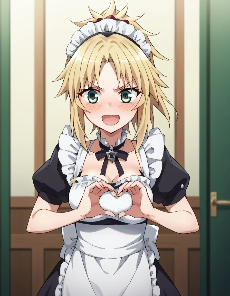 score_9, score_8_up, score_7_up, source_anime, <lora:mordred-apocrypha-s1-ponyxl-lora-nochekaiser:1>, mordred, green eyes, blonde hair, ponytail, short hair, scrunchie, red scrunchie, hair scrunchie, medium breasts,, <lora:moe-moe-kyun-ponyxl-lora-nochekaiser:1> heart-shaped boob challenge, moe moe kyun! heart hands, enmaided, maid, maid headdress, apron, maid apron, ,, open mouth, blush, embarrassed, clsoed eyes, smile,, cowboy shot