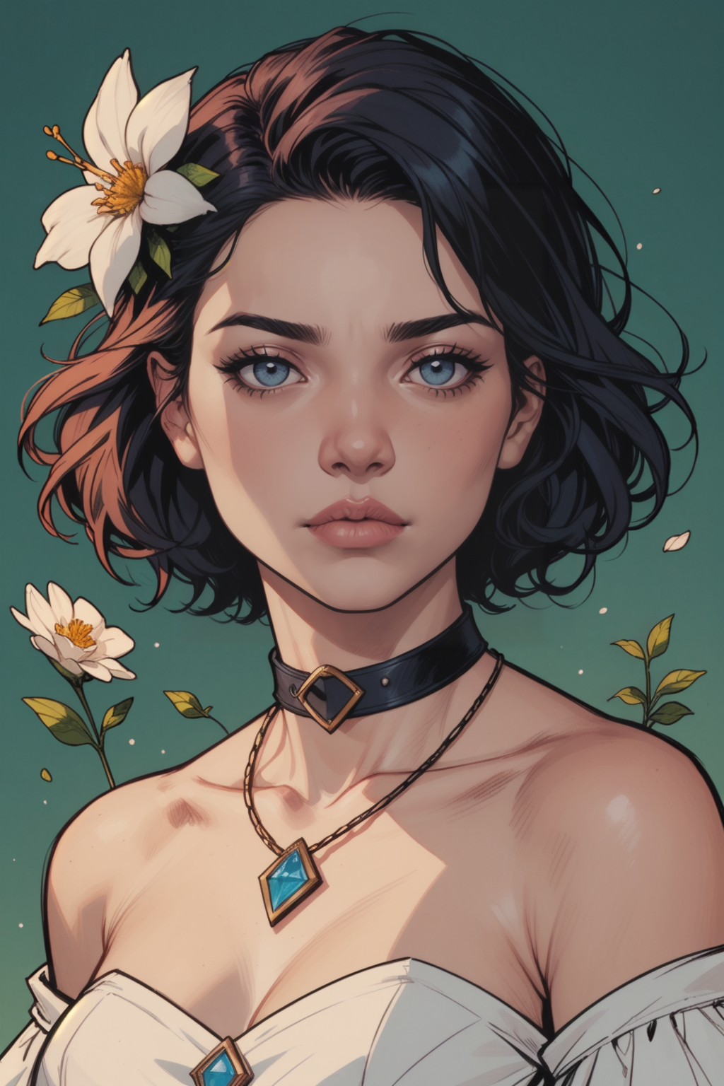 1girl, solo, flower, necklace, jewelry, hair flower, hair ornament, realistic, bare shoulders, white flower, upper body, grey background, portrait, simple background, collarbone, dress, strapless, short hair, colored skin, lips, white dress, half-closed eyes, choker, grey eyes, pale skin, blue eyes, strapless dress, green background, closed mouth, eyelashes, parted lips, makeup, expressionless, <lora:Expressive_H:0.5>, score_9, score_8_up, score_8_up, a_Comic_Illustration, rough lines with ink, (drawn:1.1), (sketch:1.5), (crosshatching:1.25), (comic style:1.1), graphic novel style, sharp lines, hires, zstyle, (western comics \(style\):1.1), (hatching \(texture\):1.2), zPDXL, Mr_Monster_Possitive, beautiful detailed eyes, extreme details eyes,  perfect anatomy,, 1girl, thighs, cowboy shot