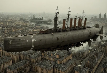 masterpiece, best_quality, very_aesthetic, highres, absurdres, ultra detailed, airship, battleship, steampunk, Victorian,
flying over Victorian city,
airship, vehicle focus, no humans, military vehicle, military, science fiction, aircraft flying, radio antenna, cannon, machinery,rocket launcher,
dark iron, navy gray vehicle,
spiral, pipe ,rivets, ,wire,