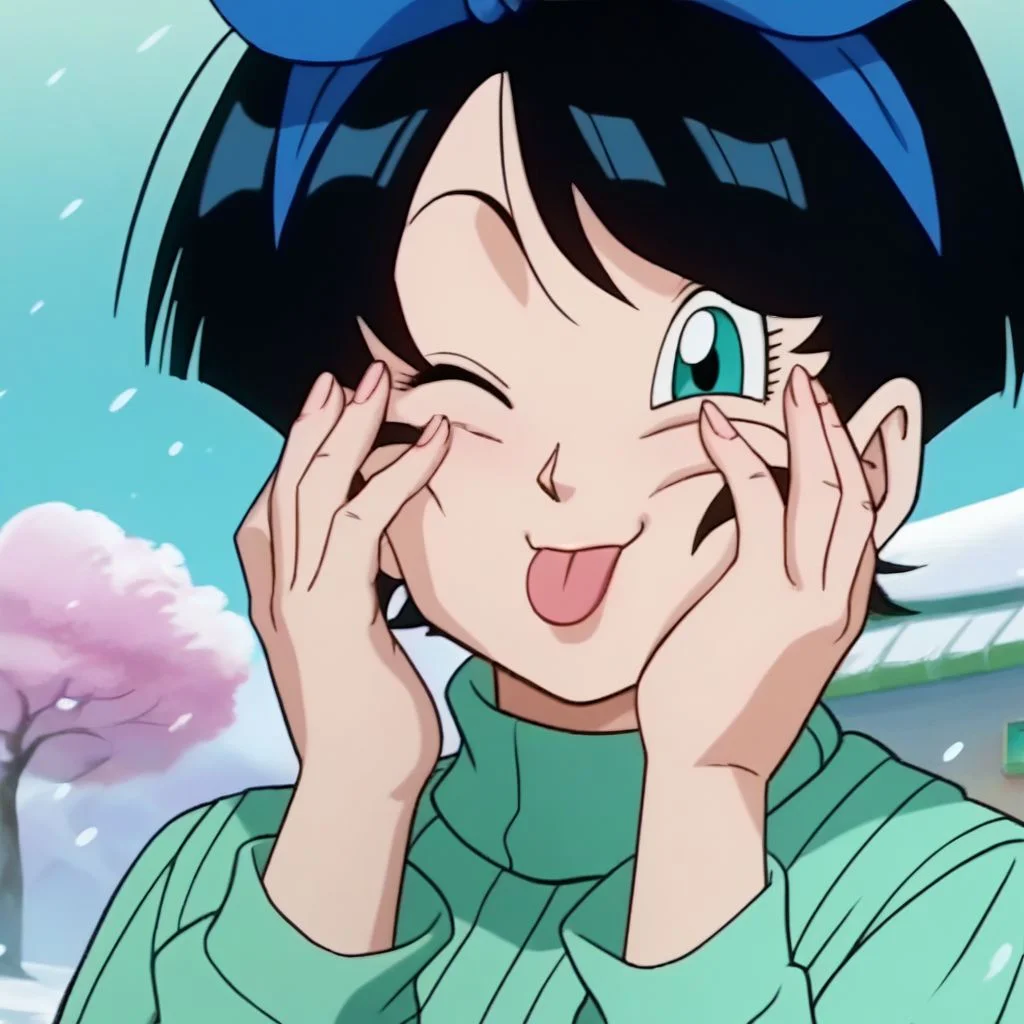 dbz_cc, Ruka, aqua eyes, black hair, blue hairbow, score_9, score_8_up, score_8, BREAK, anime screencap 1girl, solo, looking at viewer, female focus, mature female, body portrait, pastel green turtleneck sweater, outside, snowing, (side view:0.7), (dutch angle, closed mouth), hands on face, short hair, one eye closed, tongue peak