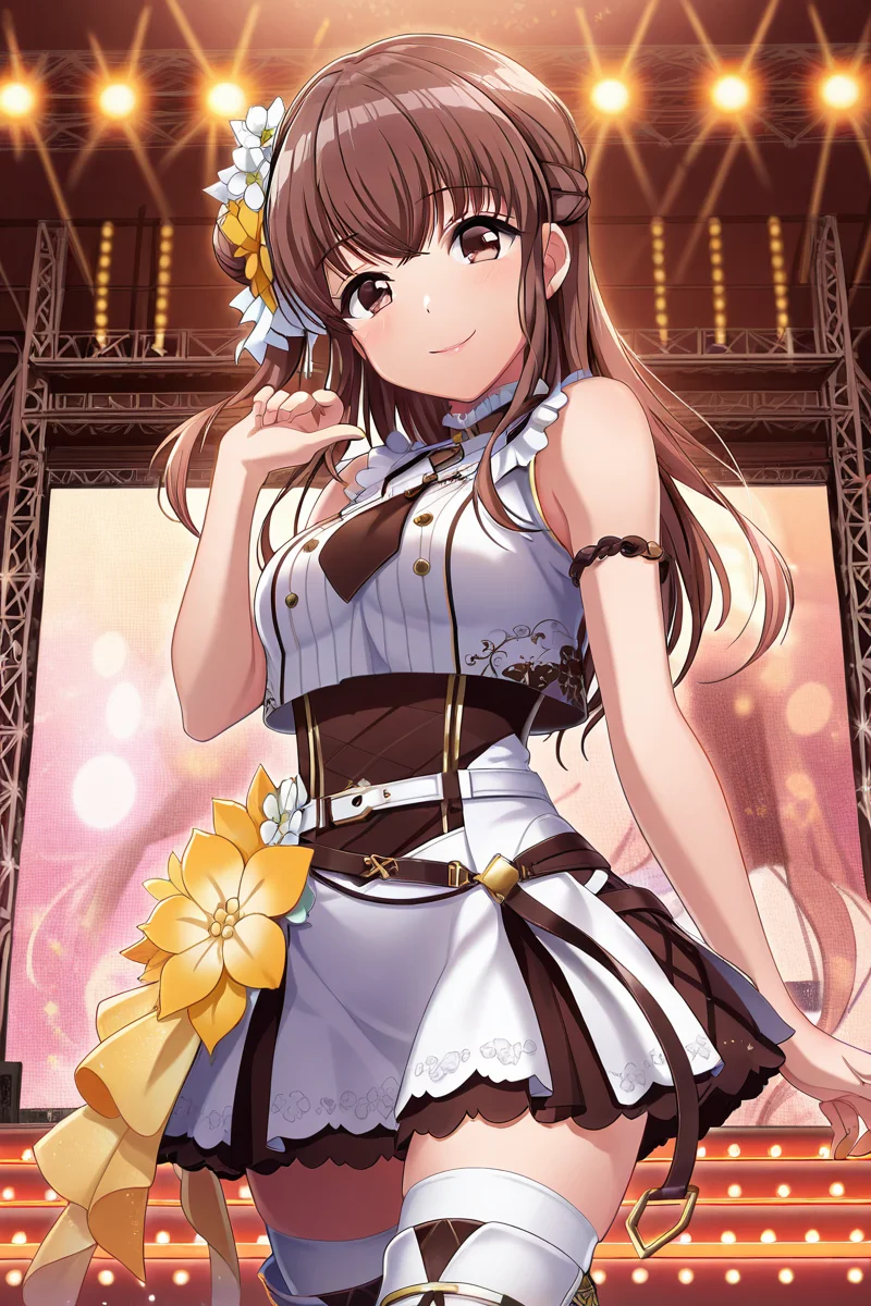 masterpiece, best quality, amazing quality,
<lora:Airi_IL:1> airi, 1girl, solo, brown hair, thighhighs, looking at viewer, long hair, smile, brown eyes, hair ornament, white thighhighs, flower, hair flower, skirt, zettai ryouiki, side hair bun, thigh boots, belt, sleeveless, stage, color lights, stgotf