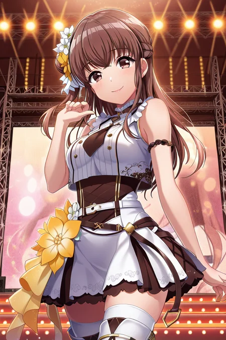 masterpiece, best quality, amazing quality,
<lora:Airi_IL:1> airi, 1girl, solo, brown hair, thighhighs, looking at viewer, long hair, smile, brown eyes, hair ornament, white thighhighs, flower, hair flower, skirt, zettai ryouiki, side hair bun, thigh boots, belt, sleeveless, stage, color lights, stgotf