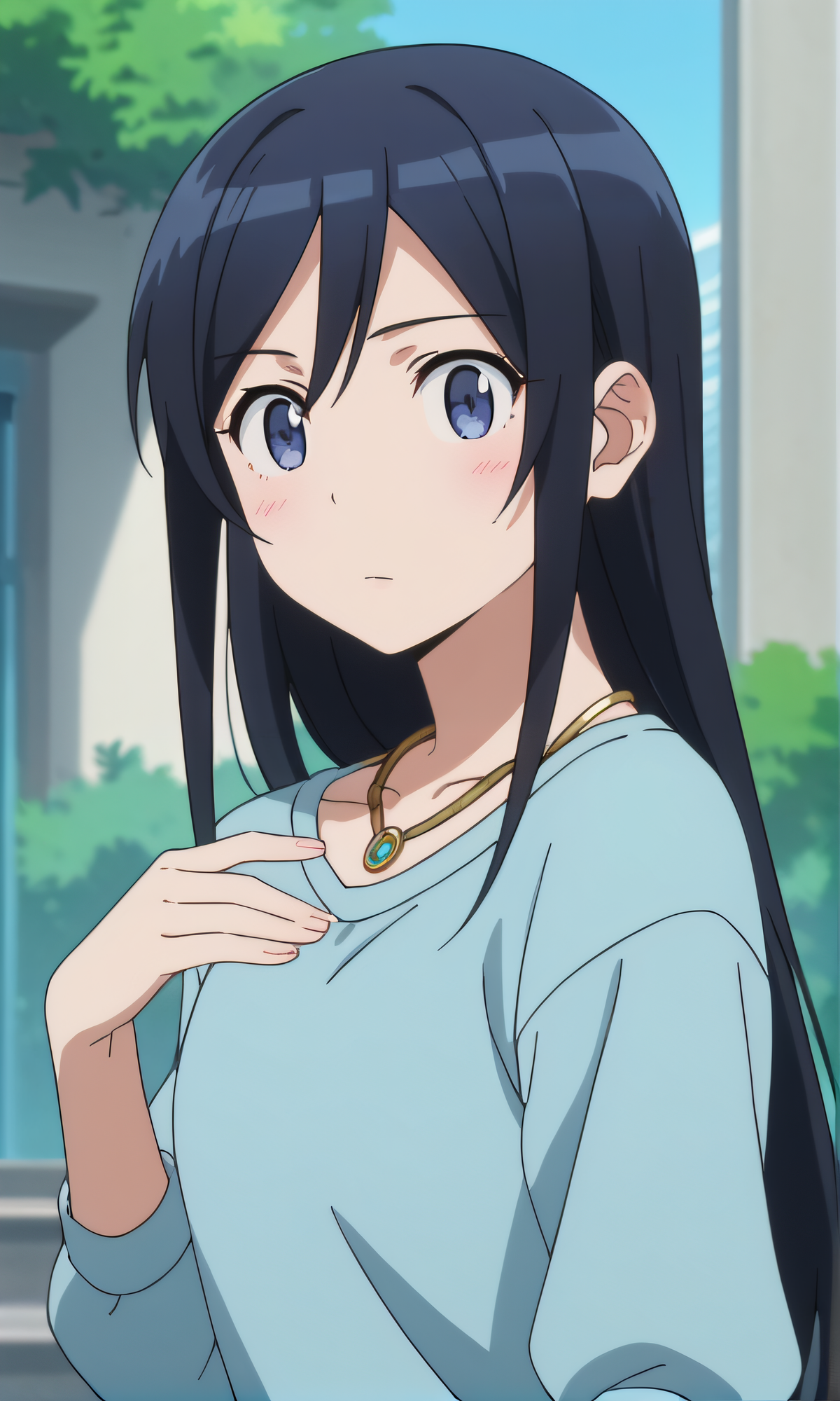 score_9, score_8_up, score_7_up, source_anime, rating_safe, intricate details, anime screencap, official style, anime coloring, 1girl, solo, <lora:Aragaki_Ayase:1>, ayase, dark hair, long hair, blue eyes, light blue sweater, collarbone, rolled up sleeves, long sleeves, necklace, from side, hand on chest, surprised, looking at viewer, upper body