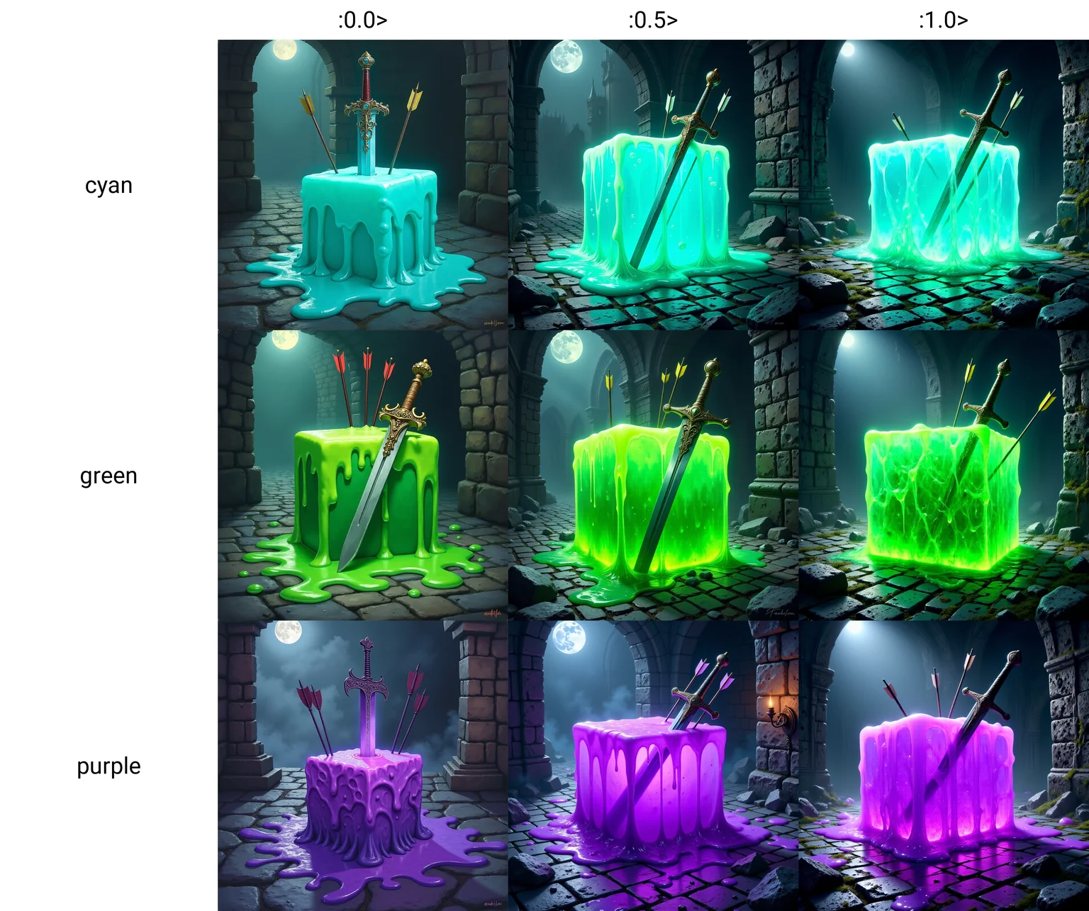 famous artwork, award-winning masterwork fantasy-style oil painting of a gooey viscous cyan glowing gelatinous cube with rounded dripping edges in a medieval dungeon with a beautiful ornate sword and three arrows lodged in its side, it is resting in a puddle of slime on a cobblestone floor, ominous and eerie atmosphere, hazy background, gothic architecture, illuminated by moonlight, volumetric lighting, <lora:gelatinous_cube-flux-by_oneviolentgentleman_epoch_16:0.0>