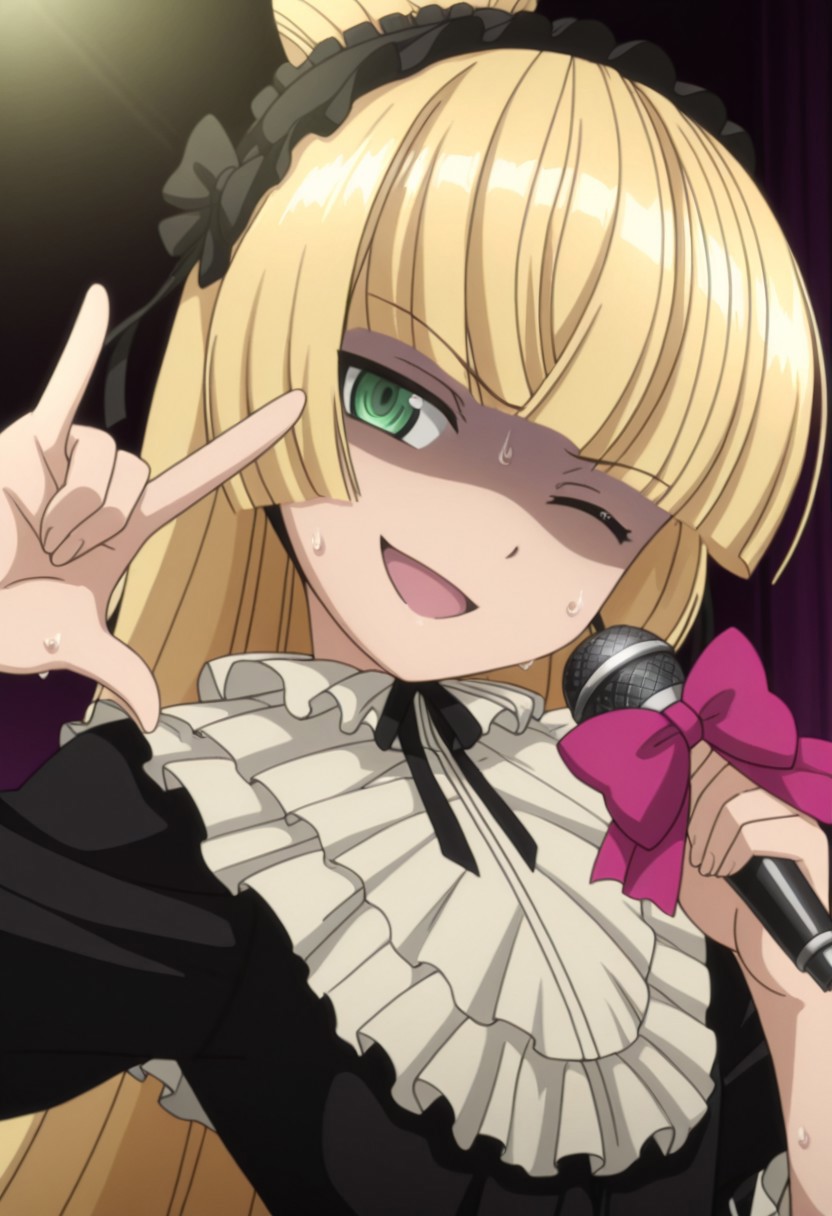masterpiece, best quality, anime_screencap, official style, 1girl, victoria,green eyes,very long hair,blonde hair, ,black frilled dress, seikan hikou, \\m/, upper body, :d, head tilt, one eye closed, holding microphone, microphone bow, shaded face, smirk, sweating, twinkle star