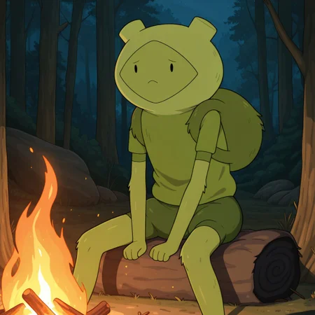 masterpiece, best quality, amazing quality, official style, f3rn, male, solo, humanoid, green body, black dot eyes, two toes, barefoot, green hoodie, green shirt, green backpack, short sleeves,  green shorts, sitting down, in front of campfire, outdoors, forest, night