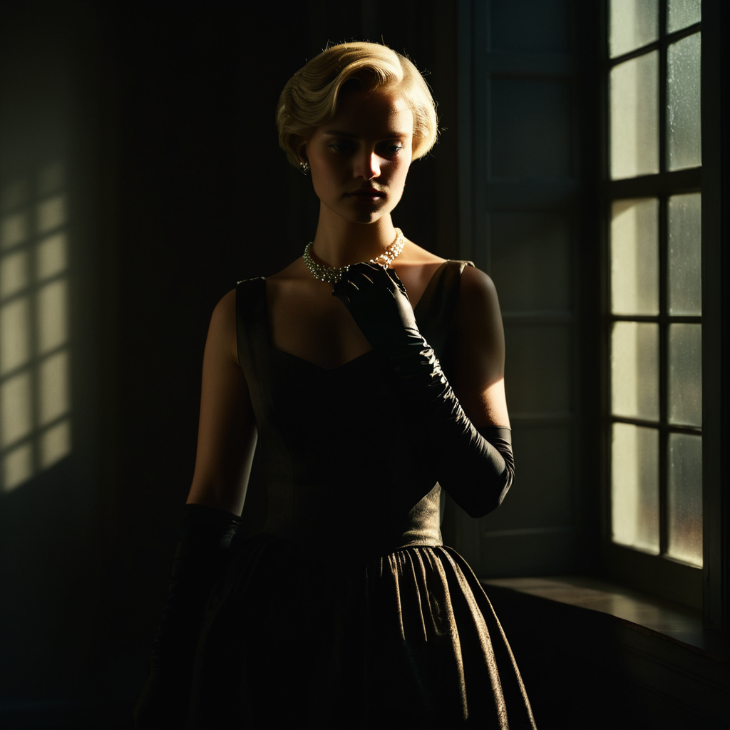 cinematic film still of  <lora:Rembrandt Lighting Style:1>
dramatic, cinematic, shadow, partially covered in shadow, a woman in a dress standing by a window Rembrandt Lighting Style, 1girl, solo, short hair, blonde hair, gloves, dress, jewelry, black gloves, elbow gloves, necklace, realistic, shallow depth of field, vignette, highly detailed, high budget, bokeh, cinemascope, moody, epic, gorgeous, film grain, grainy