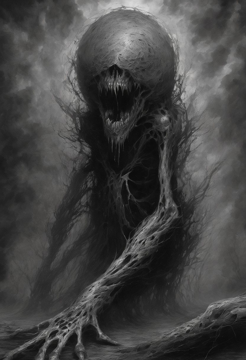 Eldritch abomination, amorphous shapes, chaotic forms, unsettling textures, whispers from the void, haunting emanations, shadowy depths, incomprehensible horror, eerie, otherworldly, grotesque amalgamations