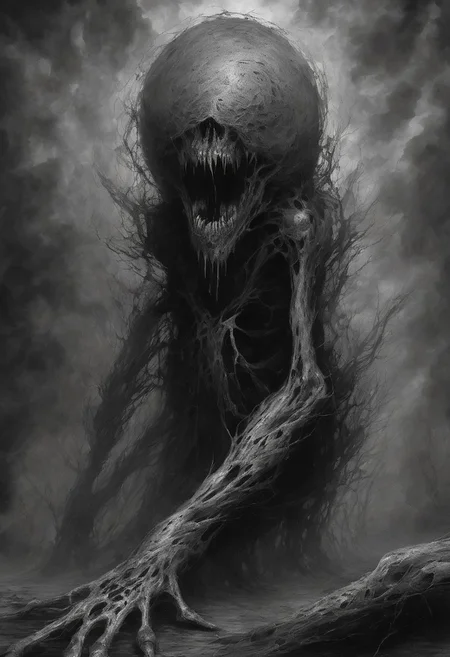 Eldritch abomination, amorphous shapes, chaotic forms, unsettling textures, whispers from the void, haunting emanations, shadowy depths, incomprehensible horror, eerie, otherworldly, grotesque amalgamations