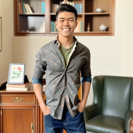 Ultra-high-resolution digital painting of a young mushim0to man with a well-groomed haircut, sharp jawline, and perfectly aligned teeth, smiling warmly while adjusting the collar of his floral-patterned shirt, standing in a cozy, warmly lit room with vintage decor, featuring a wooden bookshelf filled with various classic literature books and a comfortable leather armchair nearby, holding a sleek black smartphone, dominant colors are rich browns, muted greens, and soft yellows, detailed realism with a touch of nostalgic charm, comfortable and inviting atmosphere, soft warm lighting from an antique floor lamp, midshot capturing from waist up, smooth skin, fine fabric of the floral shirt, polished wood of the bookshelf, and soft leather of the armchair, present day with vintage influences, blend of modern and vintage aesthetics, expressing contentment and relaxation, floral-patterned shirt with intricate details, dark jeans.