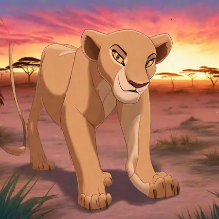 Disney animated movie still of <lora:nala-SDLX-flexible:1.0> nala walking proudly in the African savanna, sunset, clean colors.