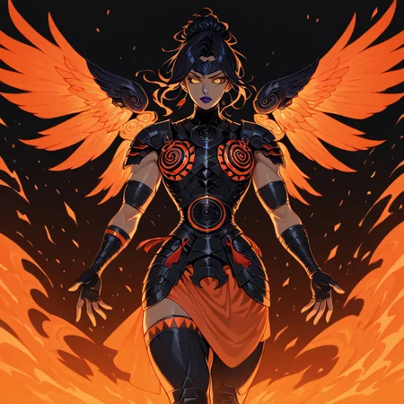 masterpiece, best quality, newest, absurdres, highres, AGPV1.1, black background, orange theme,
1girl, nemesishades-IL.V1.0 lipstick, purple lipstick, yellow eyes, black hair, muscular female, armor, nemesis armor, floating wings