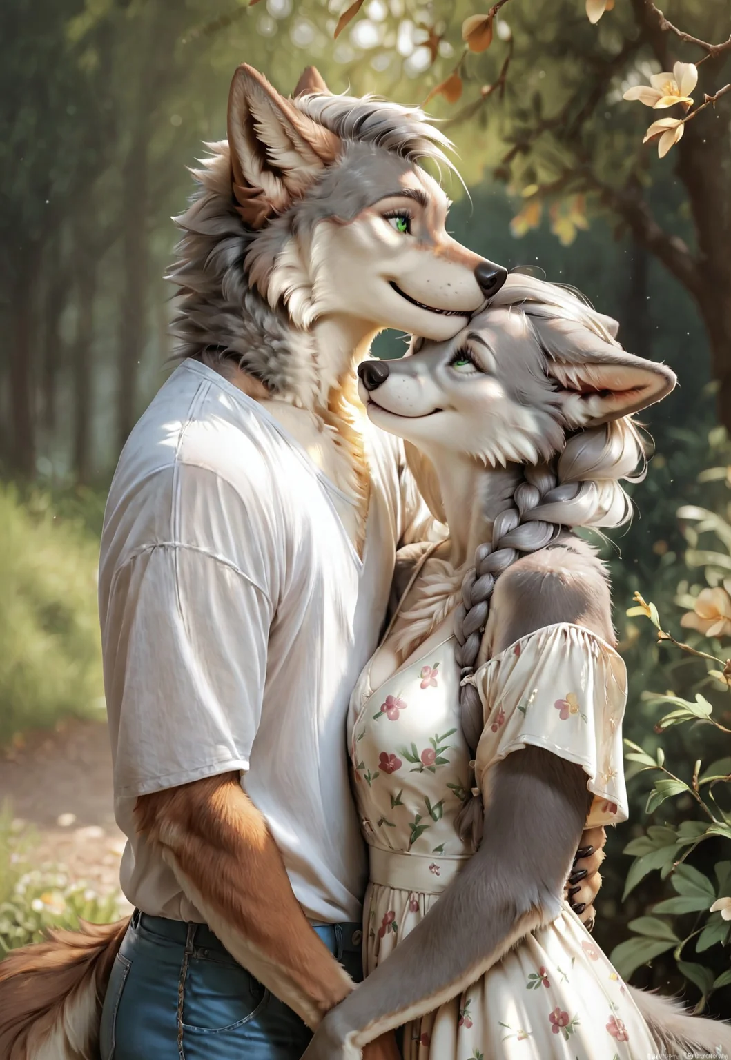 score_9, score_8_up, score_7_up, realistic, duo, female hugging male, hugging tight, strong male anthro wolf in a shirt and jeans looking down tender smiling. slender anthro female wolf with green eyes, ((gray fur)), furry, fluffy fur, fluffy wolf tail, elegant floral dress, furry hands on waist, shy smile, ((Tender look, looking up)), braided gray hair, gray twin braids, (ears folded back), folded ears, park, fluffy white cheeks, dark theme, low light,