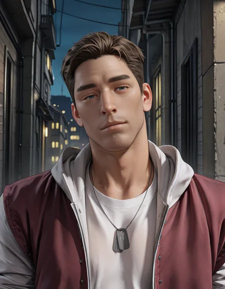 masterpiece, best quality, absurdres, newest, perfect quality, best quality, absolutely eye-catching, detailed background, intricate details, male focus, solo, anime, 2d, <lora:Resident Evil - Samuel Jordan - Illustrious-000004:0.7>, resam, 1boy, mature male, no facial hair, short hair, brown hair, blue eyes, city, alley, night, two-tone hooded jacket, sleeves rolled up, white shirt, dog tags, portrait, head tilt