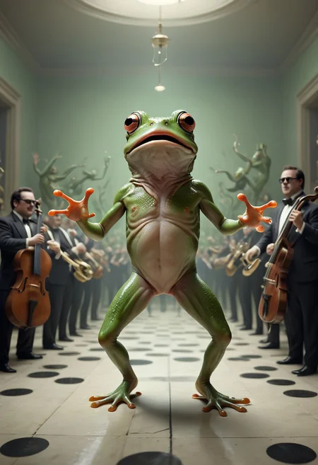 A surreal mind image of a frog dancing in a musical movie