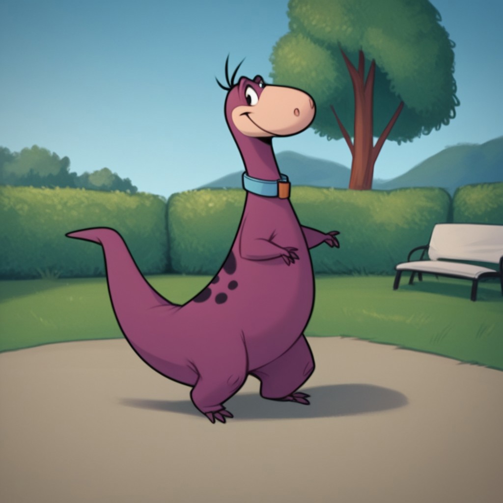 score_9, score_8_up, score_7_up, score_6_up, score_5_up, score_4_up, source_furry, dinofs, semi-anthro, male, purple skin, dinosaur, blue collar, in a park, standing, on hind legs,