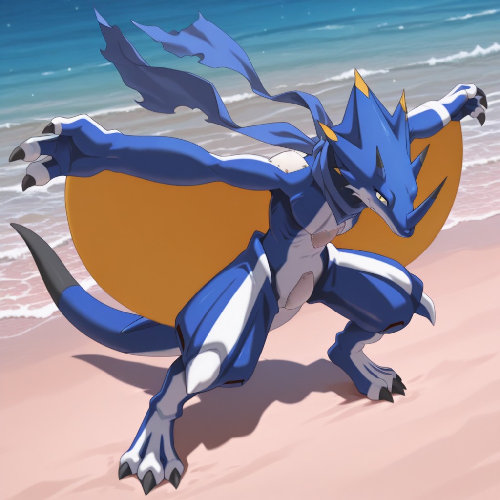 masterpiece, best quality, amazing quality, KausGil, anthro, KausGammamon, ceratopsian, blue skin, yellow eyes, blue scarf, horns, nose horn, winged arms, tail, yellow wings, on beach, solo, full body, fighting stance, <lora:ce602fea-c30c-46a1-97e7-bee18ff39232:1.0>