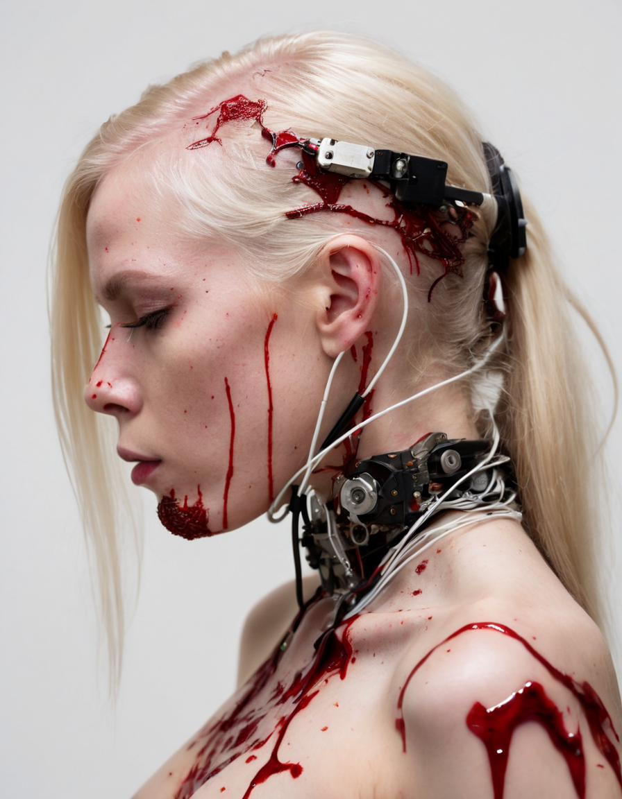 Cybernetic android, (mechanical intricacy:1.3), (platinum blonde hair:1.1), profile view, splattered with crimson, (complex wiring:1.2), (hybrid of flesh and metal:1.4), high-contrast lighting, (pale skin:1.1), contemplative gaze, (stark white backdrop:1.1), exposed mechanics, (blood-stained technology:1.3), elegant yet haunting, sophisticated art style, deep conceptual design, (sense of vulnerability:1.2), Sony A7R IV, 1/800s, f/5.6, ISO 100, digital painting, raw emotion meets artificial intelligence,
















































































































