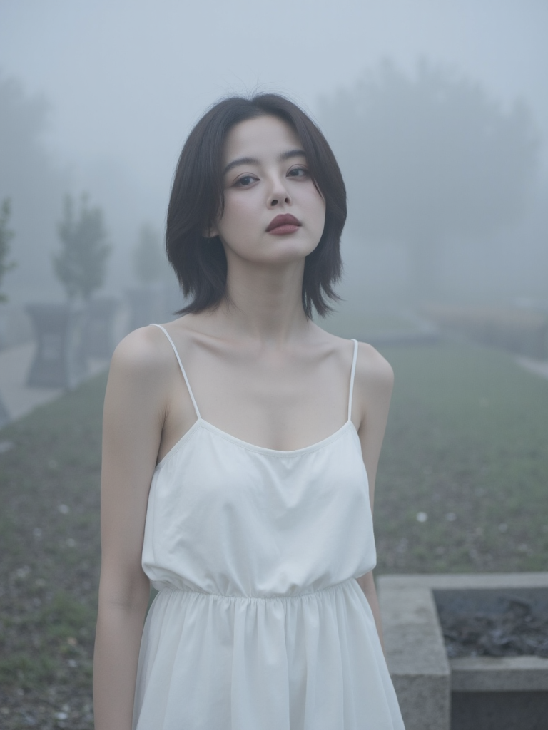 There are wonderful studio lights and various reflections,her thin face is very delicate,
18yo beautiful cute girl with blushing and female orgasm.skin naturally showing the texture of blood vessels and detailed pale skin,looking at viewer,
cowboy shot,(full body:0.7),--,
--,<lora:Xin_Zhilei_f1_rank2_bf16:1>,she is Xin Zhilei,
--, A beautiful woman in a minimalist white dress, standing in a thick fog. The background is a simple urban park with barely visible trees and benches shrouded in mist. Her expression is mysterious and contemplative, with the fog clinging to her hair and skin. Soft diffused lighting creates an ethereal and dreamy atmosphere. In a modern artistic style, the foggy environment enhances her enigmatic and sexy allure.