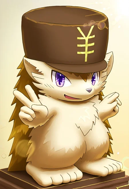 score_9, score_8_up, score_7_up, score_6_up, furry, cute, simple background, solo, kemono, hedgehog, hat with yen sign, male, full body, solo, male focus, hedgehog inaho, hat with japanese yen sign, purple eyes, beauty eyes, bluey style, lv1rubili, 3d, realistic, sidelighting, backlighting, depth of field, lens flare, pure white fur, happy face