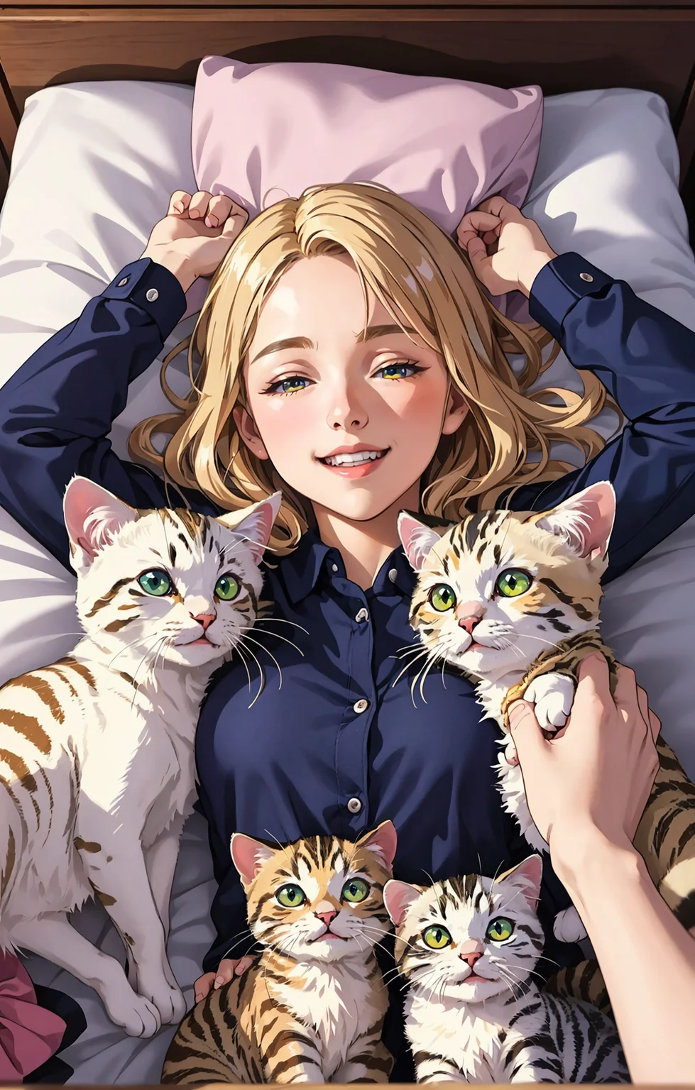 RAW photo,  A close up photo capturing very happy young woman with blonde hair lying in a bed full of little kittens. the little kittens cuddle with her and give her warmth. The little kittens run over her. She felt happiness from the bottom of her heart. All the little kittens have random color, Photorealistic,  photography,  hyperrealism,  8k,  perfect,  sharp,  highest detail possible, masterpiece photography, realistic looking,