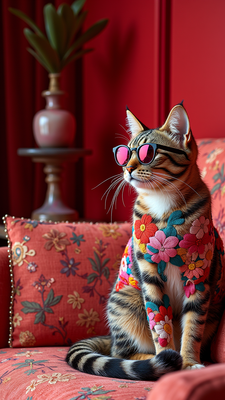 A Red and beautiful elegant design of a Contemporary Sunglasses with dark pastel, Rust, and dark pink Tattersall adorns the walls of a Evil living room. The cat's Colors is made up of full color Floral embroidery, aidmaMJ6.1