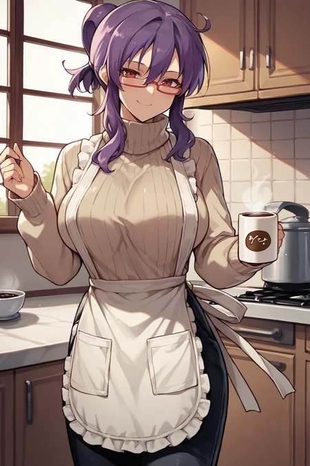 score_9, score_8_up, score_7_up, score_6_up, source_anime BREAK 1girl, solo, <lora:suzune-pdxl-nvwls-v1-000005:1> suzune, purple hair, folded ponytail, large breasts, red glasses, beige sweater, turtleneck, black pants, kitchen, apron, coffee mug, smile, looking at you