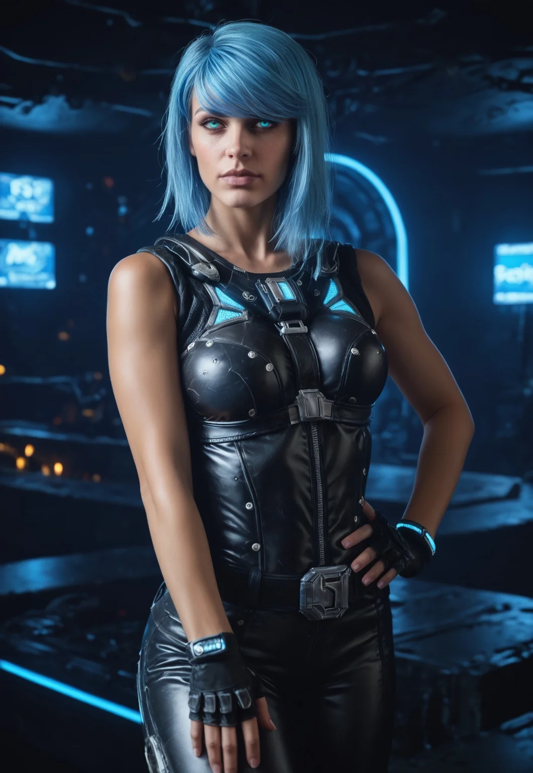 safe_pos, core_9, score_8_up, score_8, semi realistic, ultra detailed, 8k, high quality, hi res, high quality, detailed eyes, perfecteyes, detailed face, 1girl, sharp focus, cowboy-shot, focus on hip, (1girl:1.2), Nyx from Quake Champions, futuristic assassin outfit, (((pistol in hand))), pale skin, (glowing bobcut blue hair, side bangs), realistic, cinematic angle, cinematic lighting, athletic body, intense face, glowing blue eyes, stealthy pose
BREAK
infiltrating a high-tech corporate facility at night
BREAK
source_sci_fi_art, rating_explicit, expressive, half body, front view, ((dynamic pose))
BREAK
detailed beautiful background, futuristic architecture, neon lights, advanced security systems, holographic displays, dark shadows, tense atmosphere
(((full clothed)))
<lora:add-detail-xl:1>
<lora:Dynamic Poses:1>
<lora:DandonFuga_Style_v.2_-_Pony:0.8>
